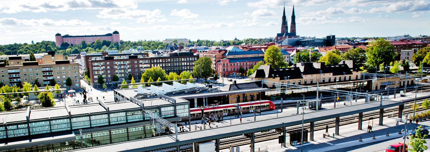 View over Uppsala train station in foreground